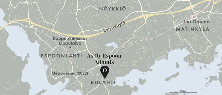 Kohteen Espoon Atlantis sijainti Riilahdessa Soukan ja Kaitaan lähellä. Kohde on Olas Groupin rakennuttama.